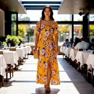 Band of Gypsies Maxi Dress Womens Medium Yellow Floral Tiered Slit Boho-XS